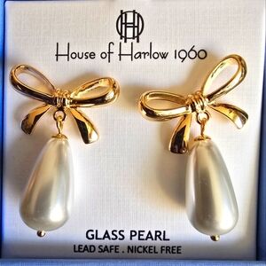 House of Harlow 1960 Earrings Teardrop Pearl Bow Gold Dangle Romantic Formal